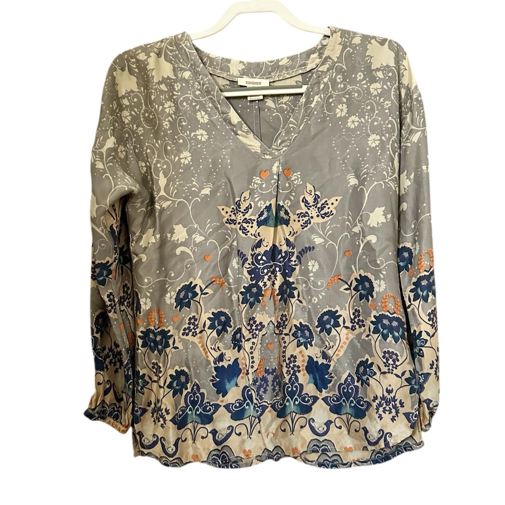 Sundance Gray Floral V-Neck Blouse with Blue & Cream Accents